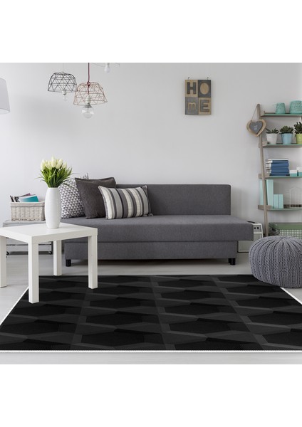 Kaymaz Dijital Mutfak & Salon Halı Star Pamuk Geometrik E5016 Siyah