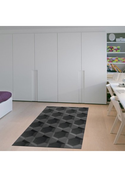 Kaymaz Dijital Mutfak & Salon Halı Star Pamuk Geometrik E5016 Siyah
