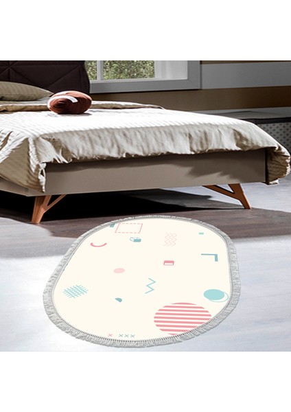 Kaymaz Dijital Mutfak & Salon Halı Star Pamuk Saçaklı Oval Geometrik E5015 Beyaz