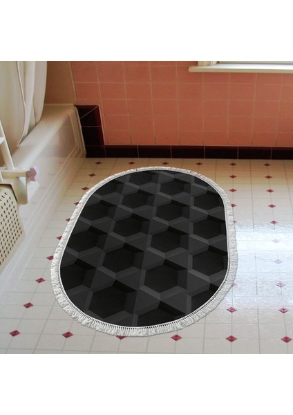 Kaymaz Dijital Mutfak & Salon Halı Yıldız Deri Saçaklı Oval Geometrik E5016 Siyah