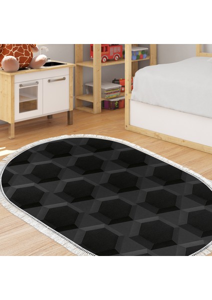 Kaymaz Dijital Mutfak & Salon Halı Yıldız Deri Saçaklı Oval Geometrik E5016 Siyah