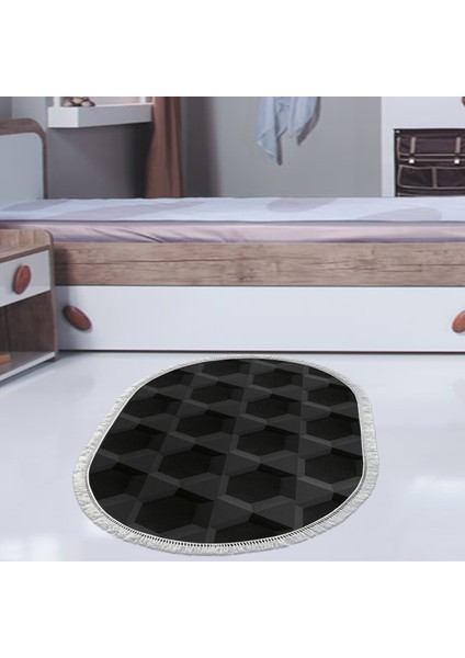 Kaymaz Dijital Mutfak & Salon Halı Yıldız Deri Saçaklı Oval Geometrik E5016 Siyah
