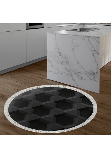 Kaymaz Dijital Mutfak & Salon Halı Yıldız Deri Saçaklı Yuvarlak Geometrik E5016 Siyah