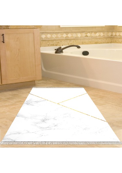 Kaymaz Dijital Mutfak & Salon Halı Trend Saçaklı Geometrik E5008 Beyaz