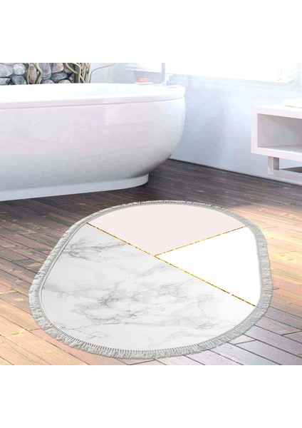 Kaymaz Dijital Mutfak & Salon Halı Trend Saçaklı Oval Geometrik E5008 Beyaz