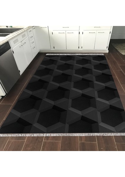 Kaymaz Dijital Mutfak & Salon Halı Yıldız Deri Saçaklı Geometrik E5016 Siyah