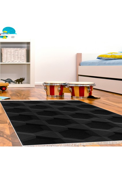 Kaymaz Dijital Mutfak & Salon Halı Yıldız Deri Saçaklı Geometrik E5016 Siyah