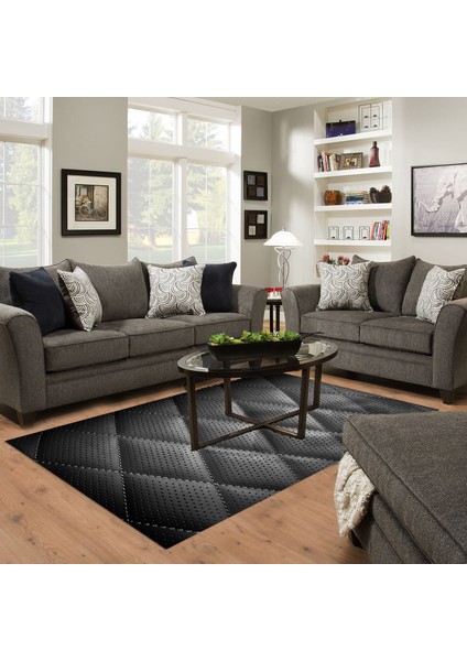 Kaymaz Dijital Mutfak & Salon Halı Yıldız Deri Geometrik E5013 Siyah