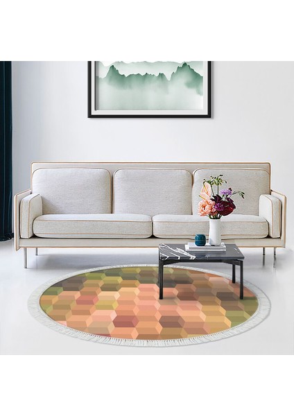 Kaymaz Dijital Mutfak & Salon Halı Star Pamuk Saçaklı Yuvarlak Geometrik E5014 Renkli