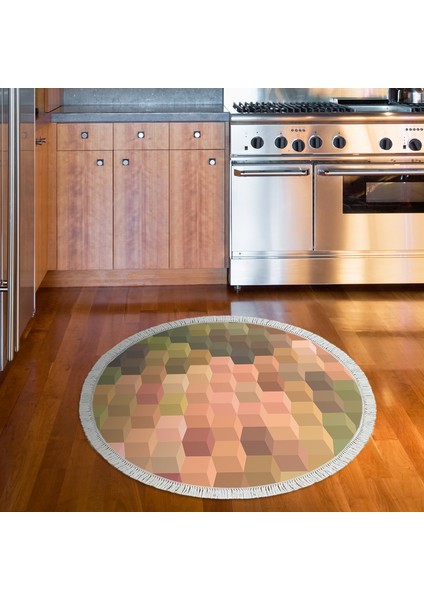 Kaymaz Dijital Mutfak & Salon Halı Star Pamuk Saçaklı Yuvarlak Geometrik E5014 Renkli indirimleri