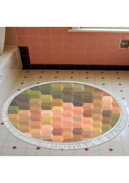 Kaymaz Dijital Mutfak & Salon Halı Star Pamuk Saçaklı Yuvarlak Geometrik E5014 Renkli