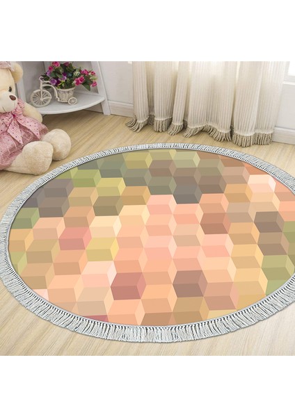 Kaymaz Dijital Mutfak & Salon Halı Star Pamuk Saçaklı Yuvarlak Geometrik E5014 Renkli