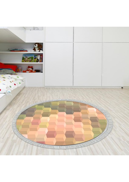 Kaymaz Dijital Mutfak & Salon Halı Star Pamuk Saçaklı Yuvarlak Geometrik E5014 Renkli