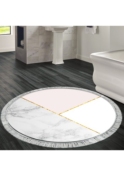 Kaymaz Dijital Mutfak & Salon Halı Star Pamuk Saçaklı Yuvarlak Geometrik E5008 Beyaz