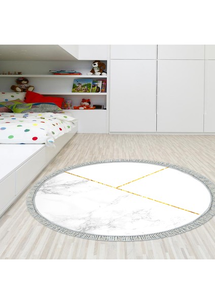 Kaymaz Dijital Mutfak & Salon Halı Star Pamuk Saçaklı Yuvarlak Geometrik E5008 Beyaz