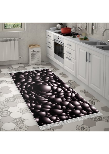Kaymaz Dijital Mutfak & Salon Halı Yıldız Deri Saçaklı Geometrik E5009 Siyah