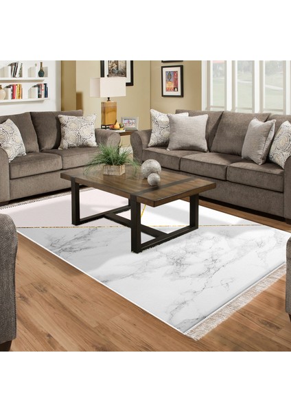 Kaymaz Dijital Mutfak & Salon Halı Yıldız Deri Saçaklı Geometrik E5008 Beyaz