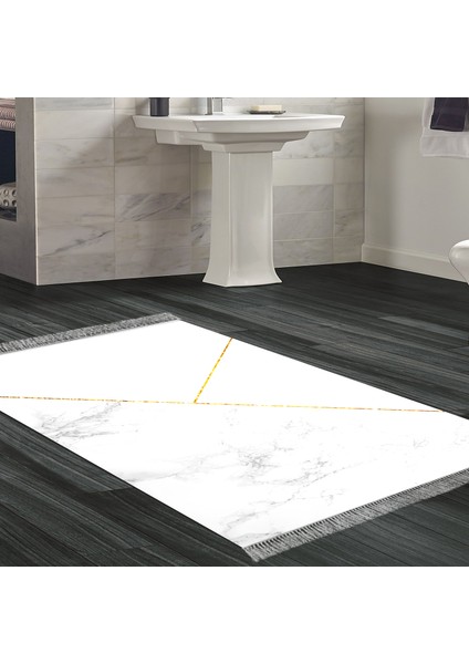 Kaymaz Dijital Mutfak & Salon Halı Yıldız Deri Saçaklı Geometrik E5008 Beyaz