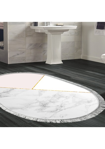 Kaymaz Dijital Mutfak & Salon Halı Star Pamuk Saçaklı Oval Geometrik E5008 Beyaz