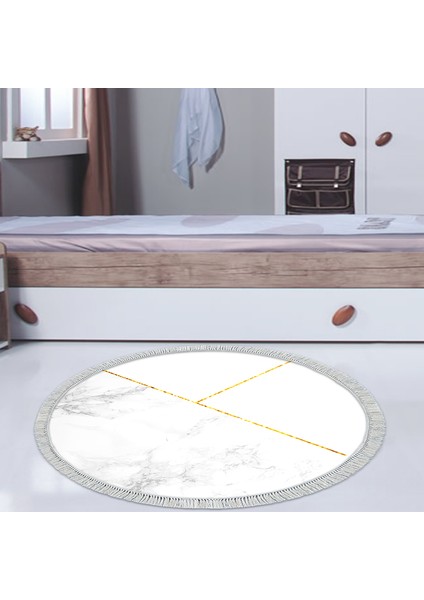 Kaymaz Dijital Mutfak & Salon Halı Star Pamuk Saçaklı Yuvarlak Geometrik E5008 Beyaz