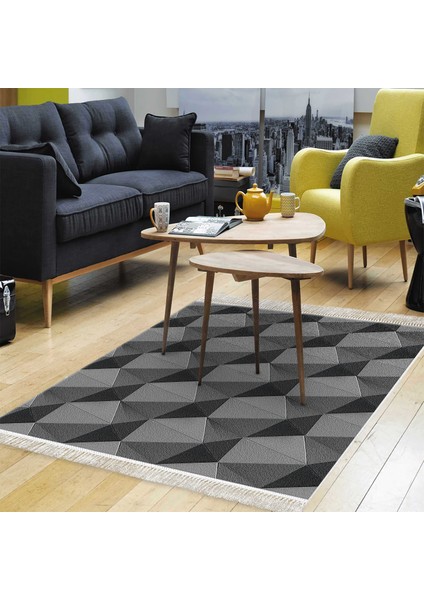 Kaymaz Dijital Mutfak & Salon Halı Yıldız Deri Saçaklı Geometrik E5010 Gri