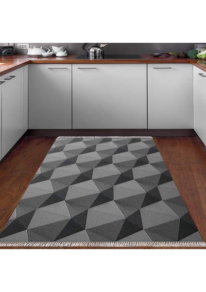 Kaymaz Dijital Mutfak & Salon Halı Yıldız Deri Saçaklı Geometrik E5010 Gri