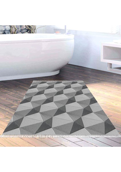 Kaymaz Dijital Mutfak & Salon Halı Yıldız Deri Saçaklı Geometrik E5010 Gri