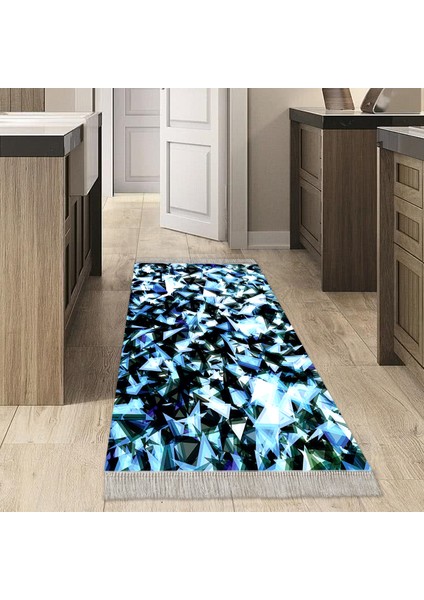 Kaymaz Dijital Mutfak & Salon Halı Trend Saçaklı Geometrik E5012 Mavi
