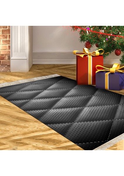 Kaymaz Dijital Mutfak & Salon Halı Yıldız Deri Saçaklı Geometrik E5013 Siyah