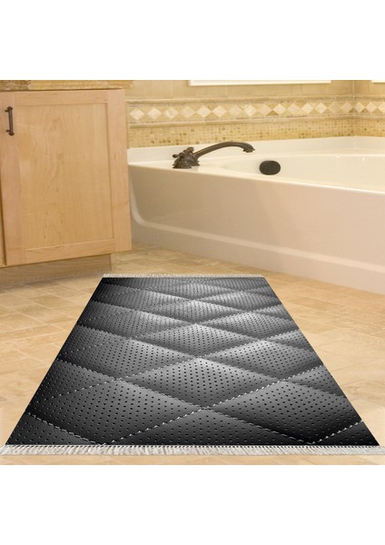 Kaymaz Dijital Mutfak & Salon Halı Yıldız Deri Saçaklı Geometrik E5013 Siyah