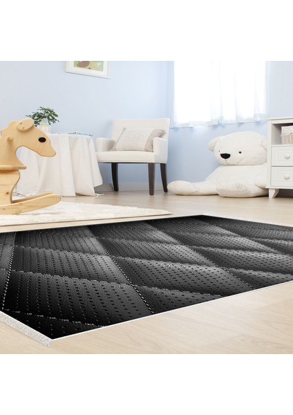 Kaymaz Dijital Mutfak & Salon Halı Yıldız Deri Saçaklı Geometrik E5013 Siyah