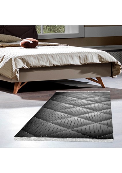 Kaymaz Dijital Mutfak & Salon Halı Yıldız Deri Saçaklı Geometrik E5013 Siyah