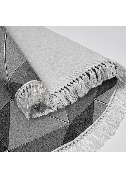 Kaymaz Dijital Mutfak & Salon Halı Trend Saçaklı Yuvarlak Geometrik E5010 Gri