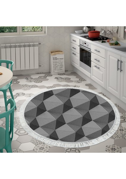 Kaymaz Dijital Mutfak & Salon Halı Trend Saçaklı Yuvarlak Geometrik E5010 Gri