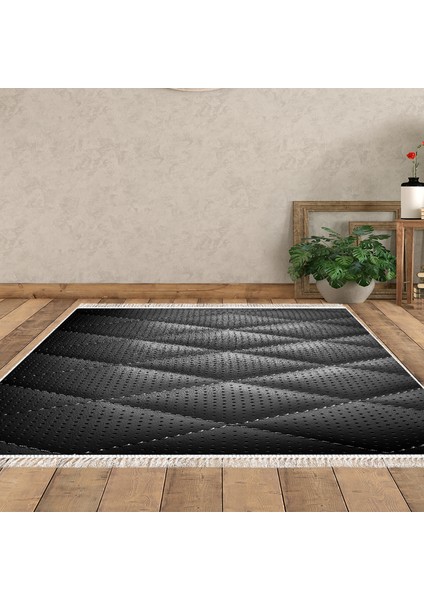 Kaymaz Dijital Mutfak & Salon Halı Trend Saçaklı Geometrik E5013 Siyah