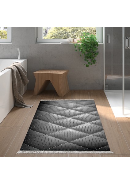Kaymaz Dijital Mutfak & Salon Halı Trend Saçaklı Geometrik E5013 Siyah