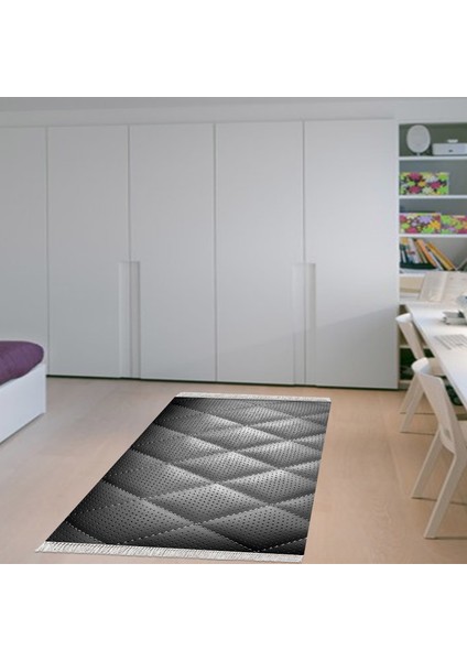 Kaymaz Dijital Mutfak & Salon Halı Trend Saçaklı Geometrik E5013 Siyah