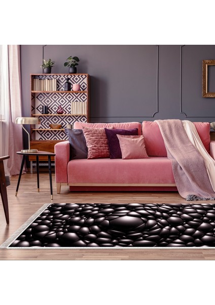 Kaymaz Dijital Mutfak & Salon Halı Star Pamuk Saçaklı Geometrik E5009 Siyah