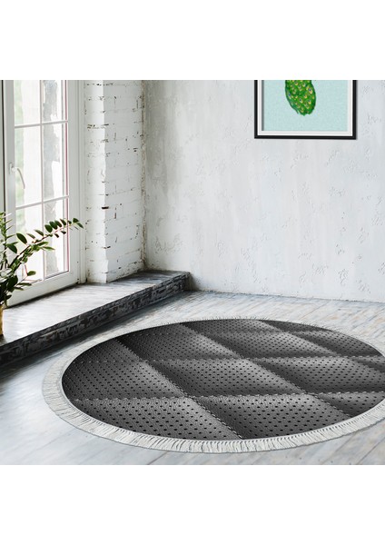 Kaymaz Dijital Mutfak & Salon Halı Trend Saçaklı Yuvarlak Geometrik E5013 Siyah