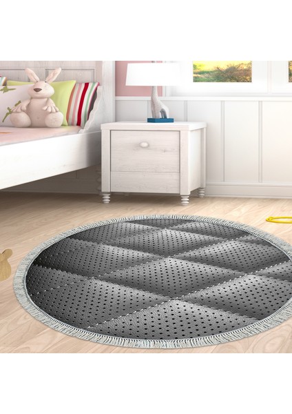 Kaymaz Dijital Mutfak & Salon Halı Trend Saçaklı Yuvarlak Geometrik E5013 Siyah