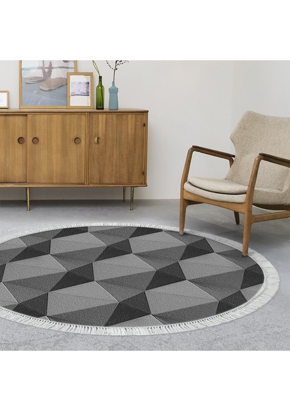 Kaymaz Dijital Mutfak & Salon Halı Star Pamuk Saçaklı Yuvarlak Geometrik E5010 Gri