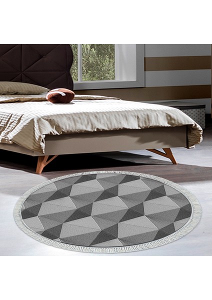 Kaymaz Dijital Mutfak & Salon Halı Star Pamuk Saçaklı Yuvarlak Geometrik E5010 Gri