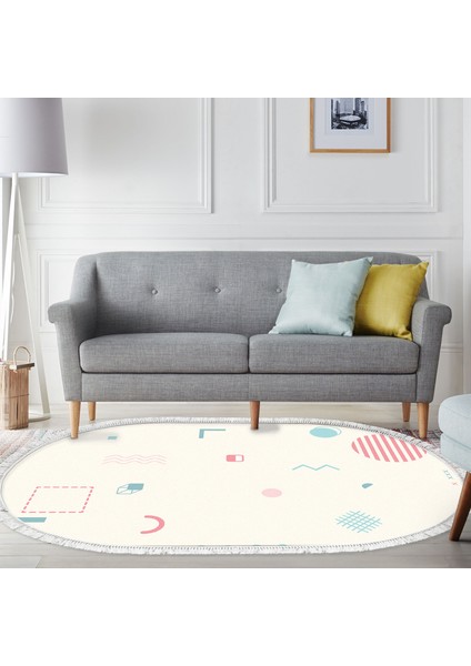 Kaymaz Dijital Mutfak & Salon Halı Star Pamuk Saçaklı Oval Geometrik E5015 Beyaz
