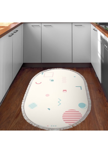 Kaymaz Dijital Mutfak & Salon Halı Star Pamuk Saçaklı Oval Geometrik E5015 Beyaz indirimleri