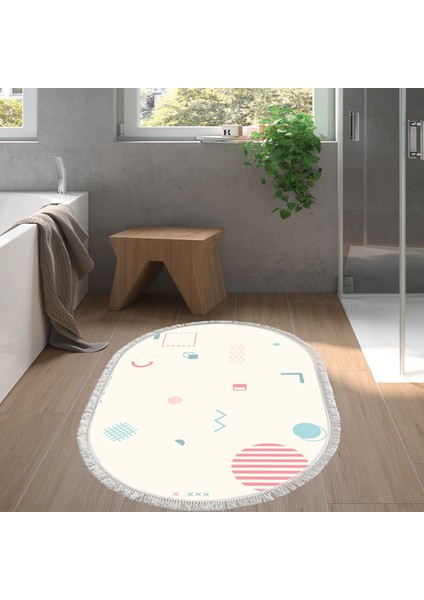 Kaymaz Dijital Mutfak & Salon Halı Star Pamuk Saçaklı Oval Geometrik E5015 Beyaz