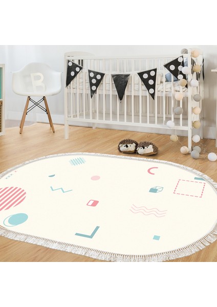 Kaymaz Dijital Mutfak & Salon Halı Star Pamuk Saçaklı Oval Geometrik E5015 Beyaz