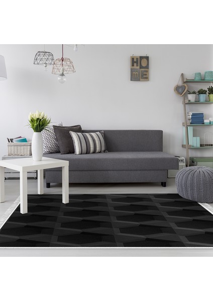 Kaymaz Dijital Mutfak & Salon Halı Trend Saçaklı Geometrik E5016 Siyah