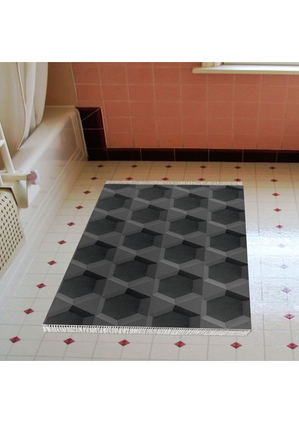 Kaymaz Dijital Mutfak & Salon Halı Trend Saçaklı Geometrik E5016 Siyah