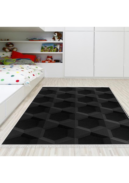Kaymaz Dijital Mutfak & Salon Halı Trend Saçaklı Geometrik E5016 Siyah