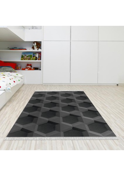 Kaymaz Dijital Mutfak & Salon Halı Trend Saçaklı Geometrik E5016 Siyah